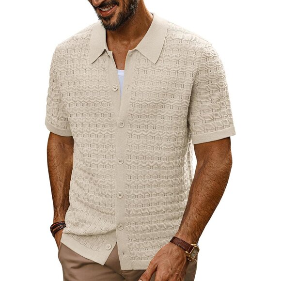 💫 Men Cream Casual Summer Beach Shirts Short Sleeve Button Down Fashion Shirt - Picture 1 of 5